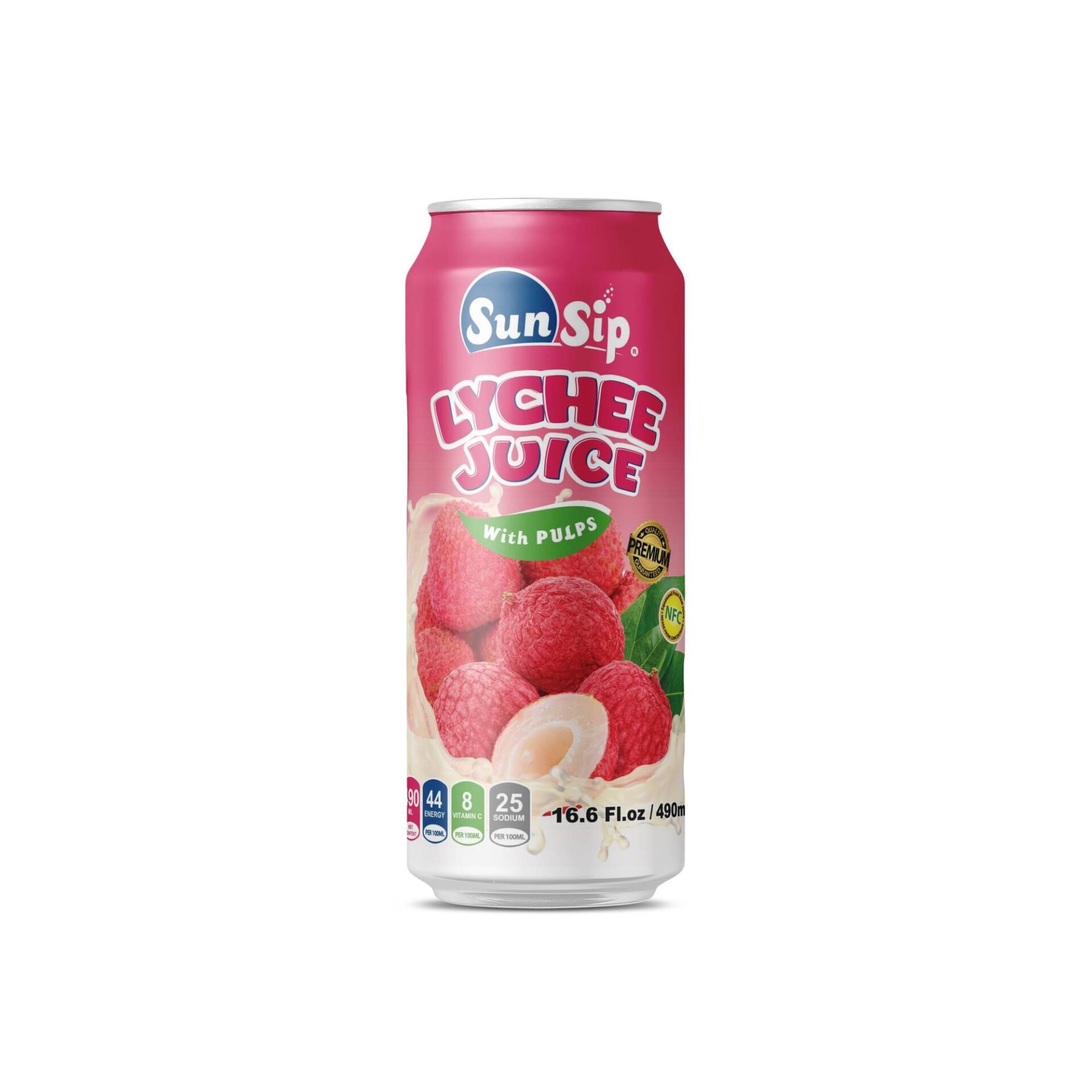 SunSip Lychee Juice with Pulp 490ml can pink packaging